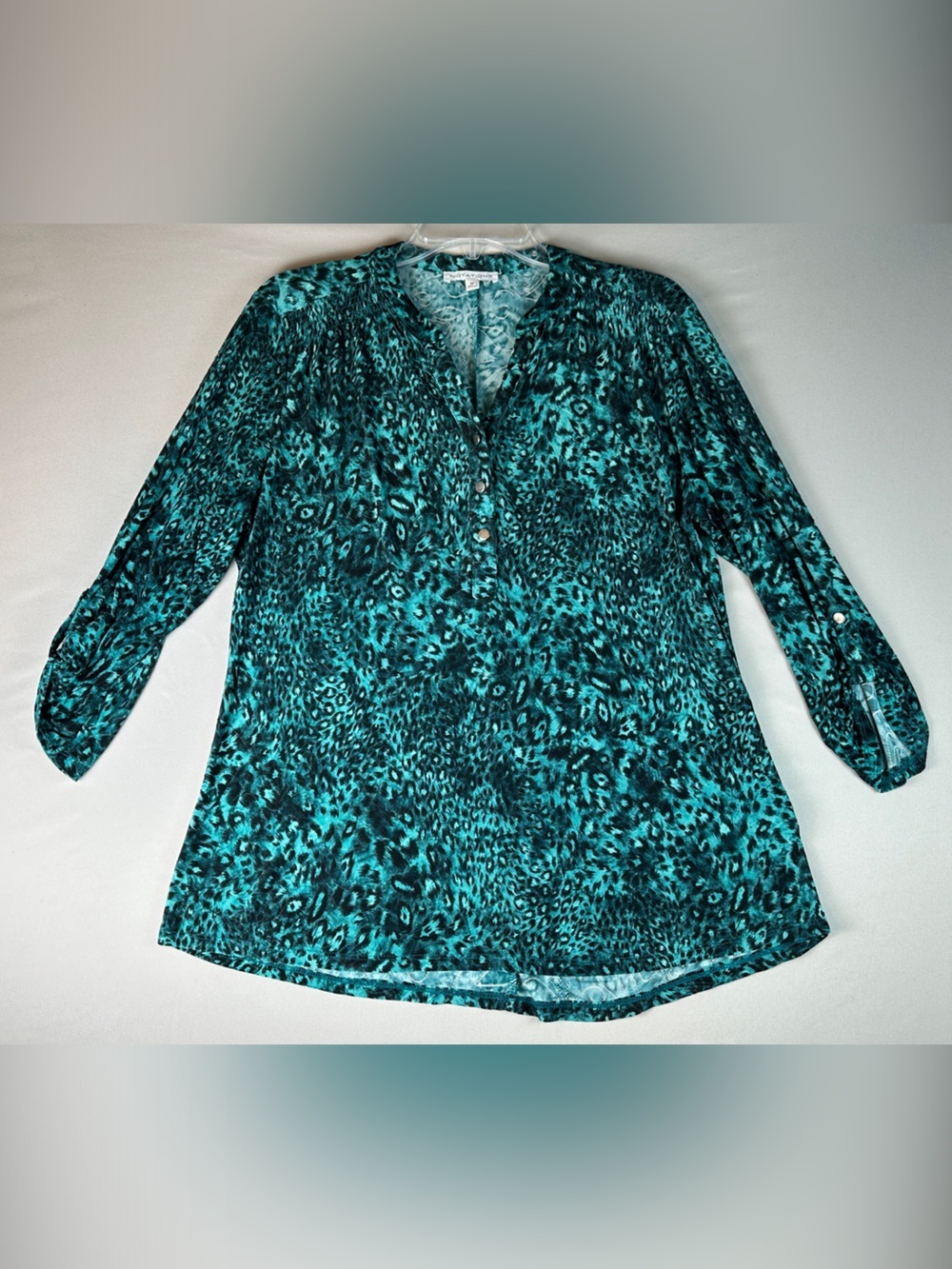 Notations Women’s Teal Button Front Blouse Shirt Top V-Neck